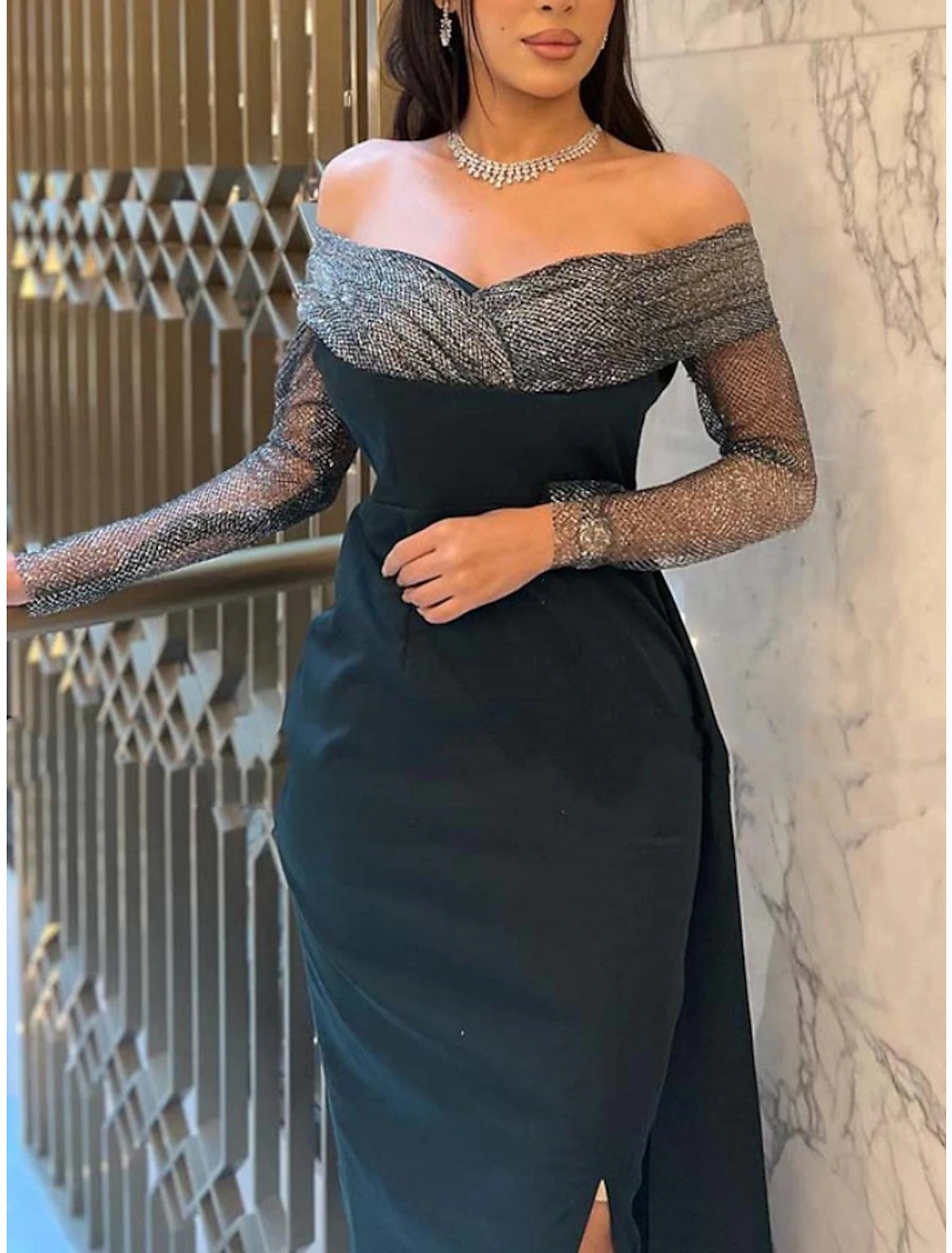 Sheath / Column Evening Gown Elegant Dress Formal Black Dress Floor Length Long Sleeve Off Shoulder  Fabric with Sequin Slit 2025